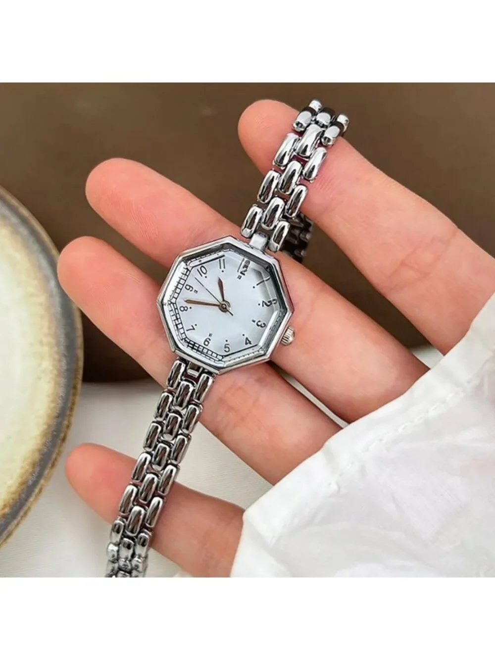 Women’s Silver Octagonal Small Face Bracelet Quartz Movement Elegant Wrist Watch